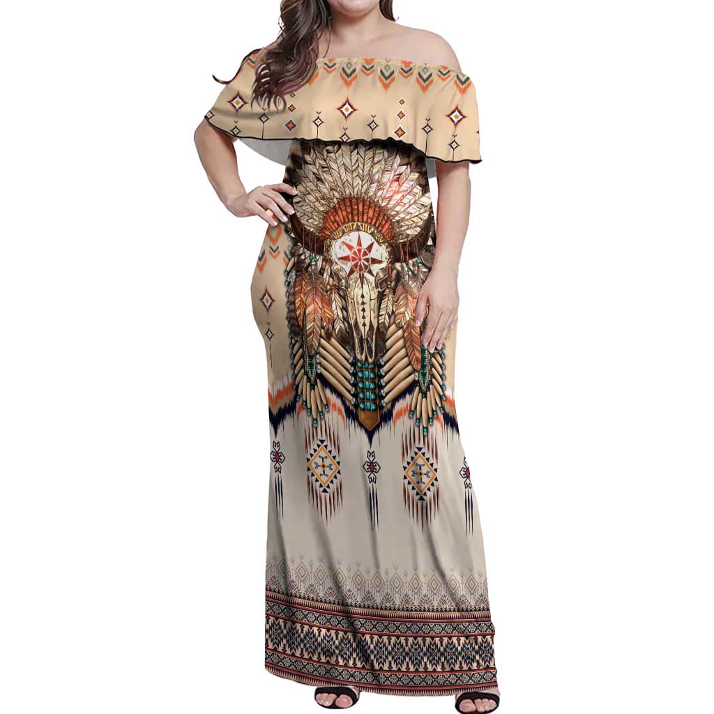 Native American Off Shoulder Maxi Dress Buffalo Skull - Wonder Print Shop