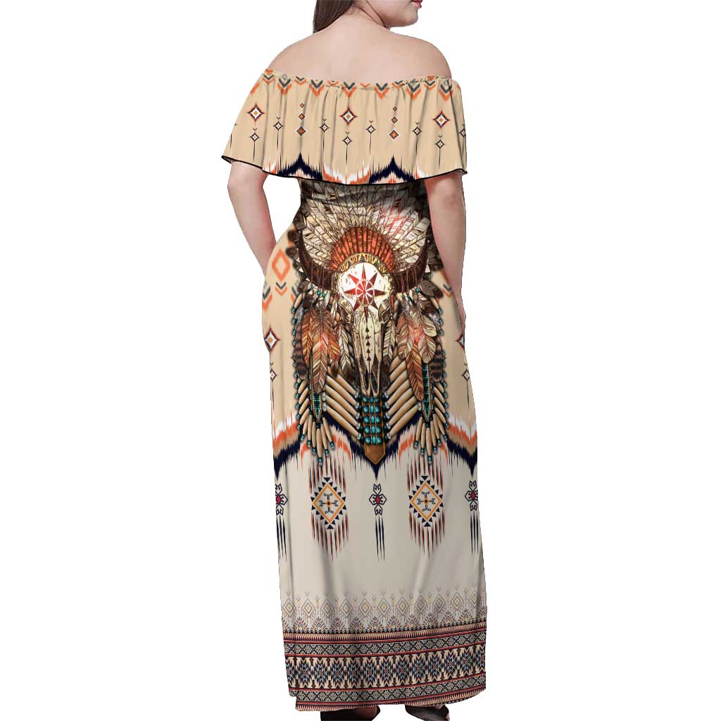 Native American Off Shoulder Maxi Dress Buffalo Skull - Wonder Print Shop