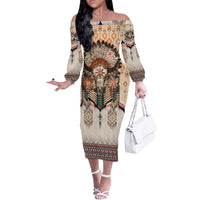 Native American Off The Shoulder Long Sleeve Dress Buffalo Skull - Wonder Print Shop