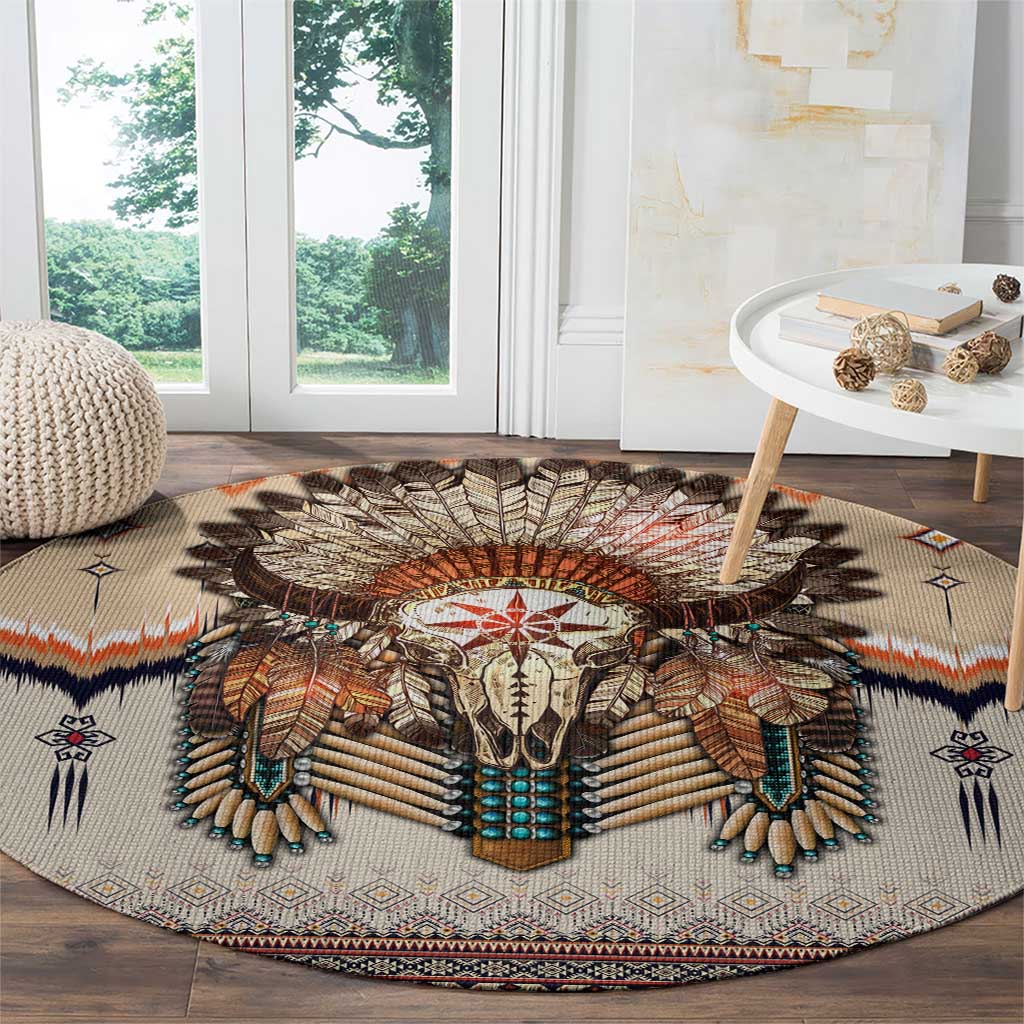 Native American Round Carpet Buffalo Skull
