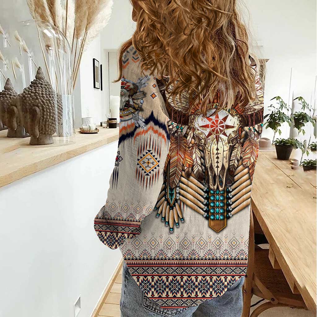 Native American Women Casual Shirt Buffalo Skull - Wonder Print Shop