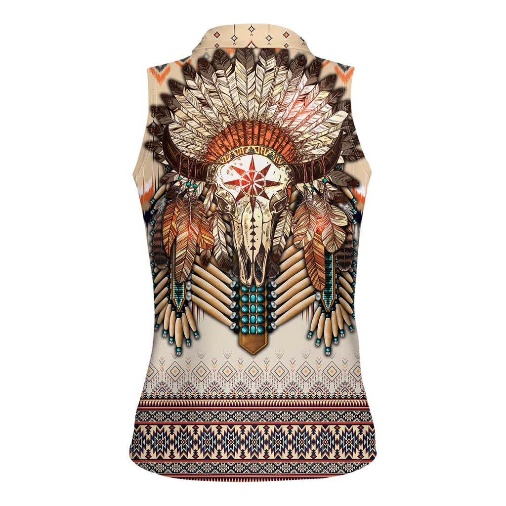 Native American Women Sleeveless Polo Shirt Buffalo Skull - Wonder Print Shop