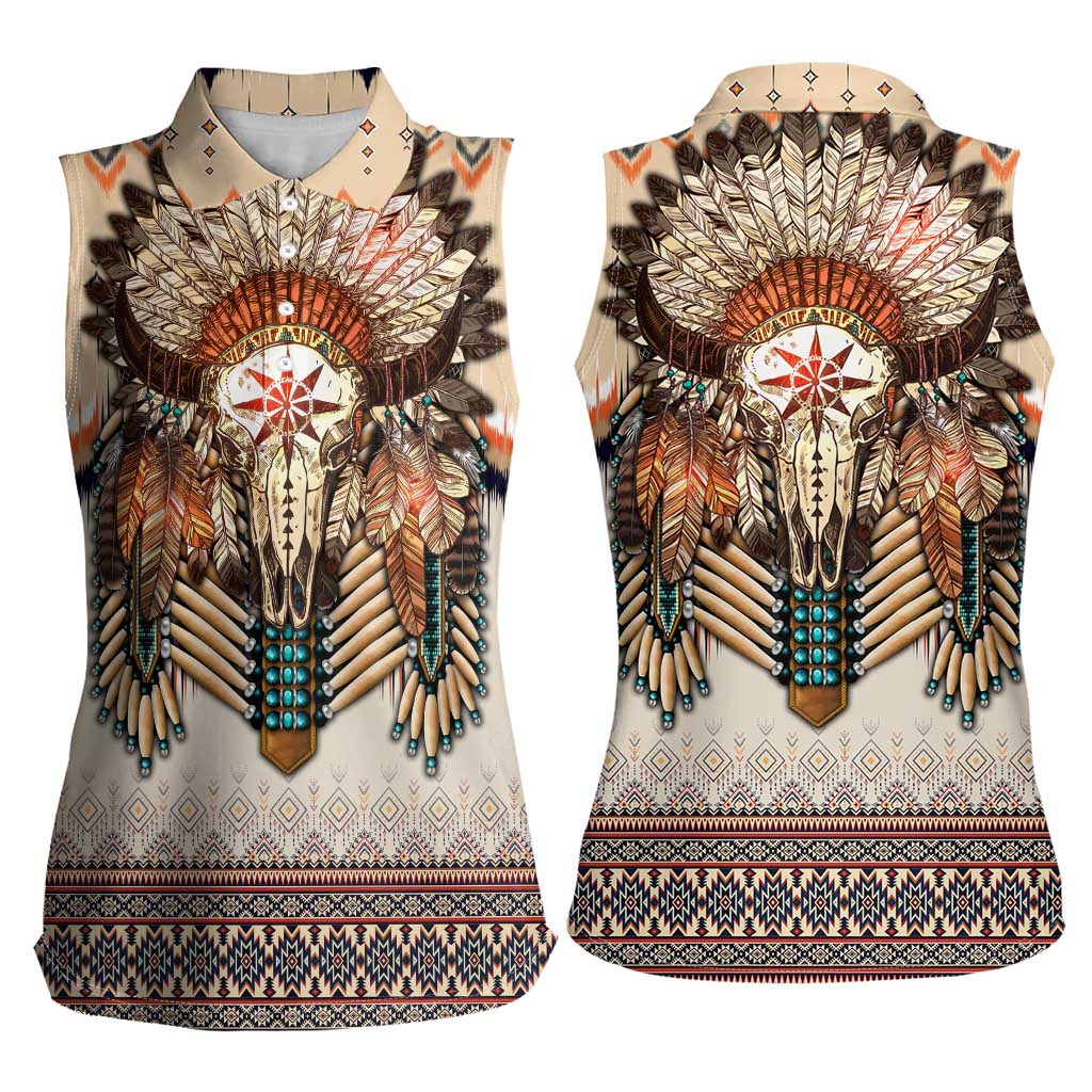 Native American Women Sleeveless Polo Shirt Buffalo Skull - Wonder Print Shop