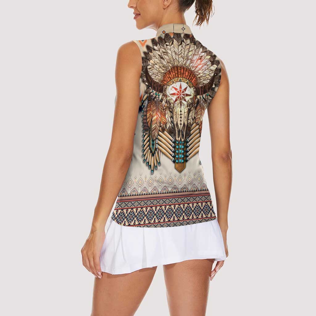 Native American Women Sleeveless Polo Shirt Buffalo Skull - Wonder Print Shop