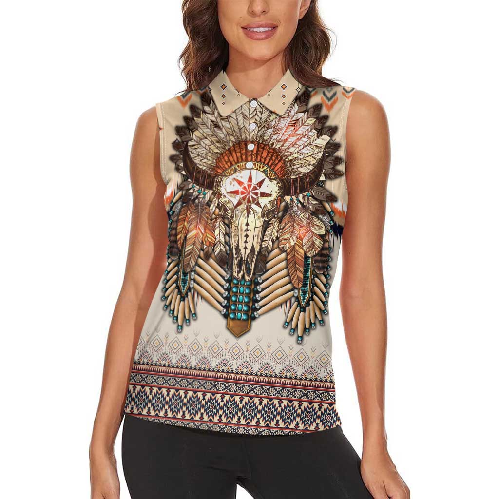 Native American Women Sleeveless Polo Shirt Buffalo Skull - Wonder Print Shop