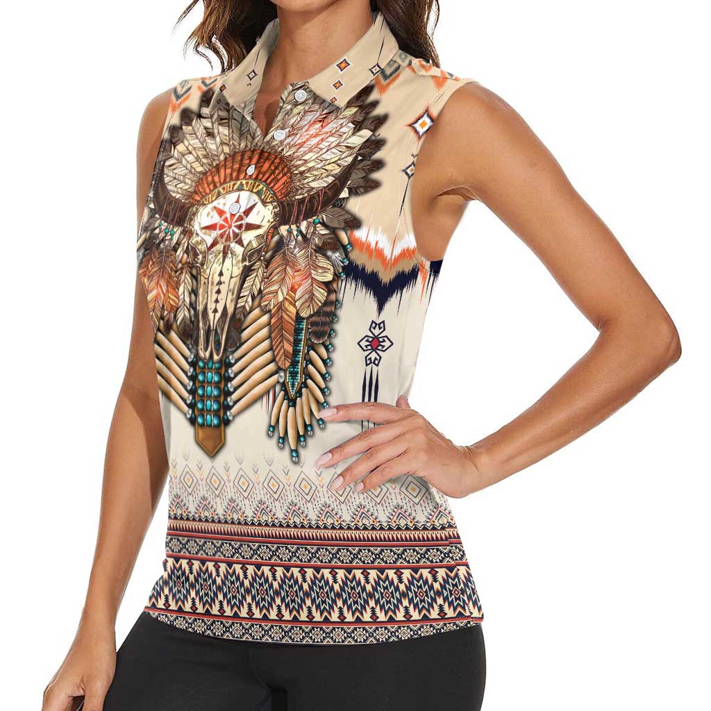 Native American Women Sleeveless Polo Shirt Buffalo Skull - Wonder Print Shop