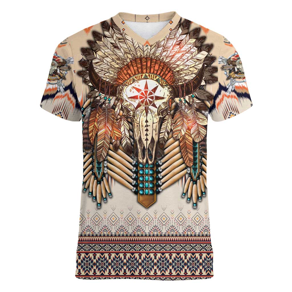 Native American Women V-Neck T-Shirt Buffalo Skull - Wonder Print Shop