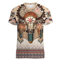 Native American Women V-Neck T-Shirt Buffalo Skull - Wonder Print Shop