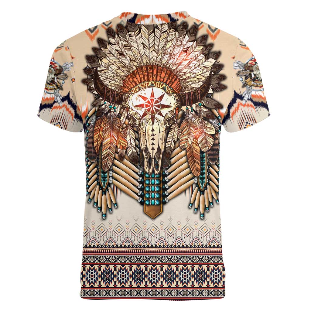 Native American Women V-Neck T-Shirt Buffalo Skull - Wonder Print Shop