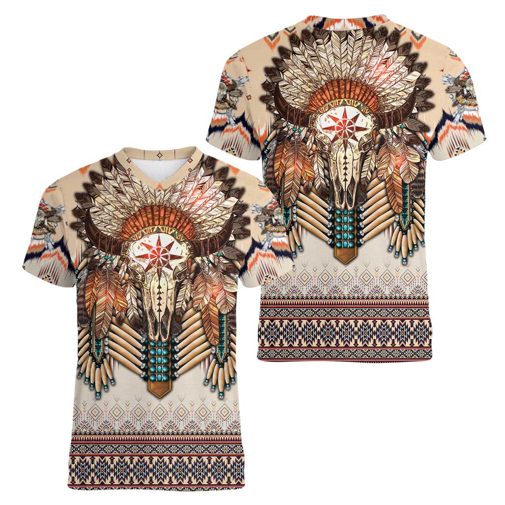 Native American Women V-Neck T-Shirt Buffalo Skull - Wonder Print Shop