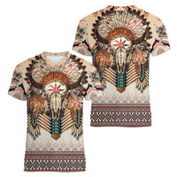 Native American Women V-Neck T-Shirt Buffalo Skull - Wonder Print Shop