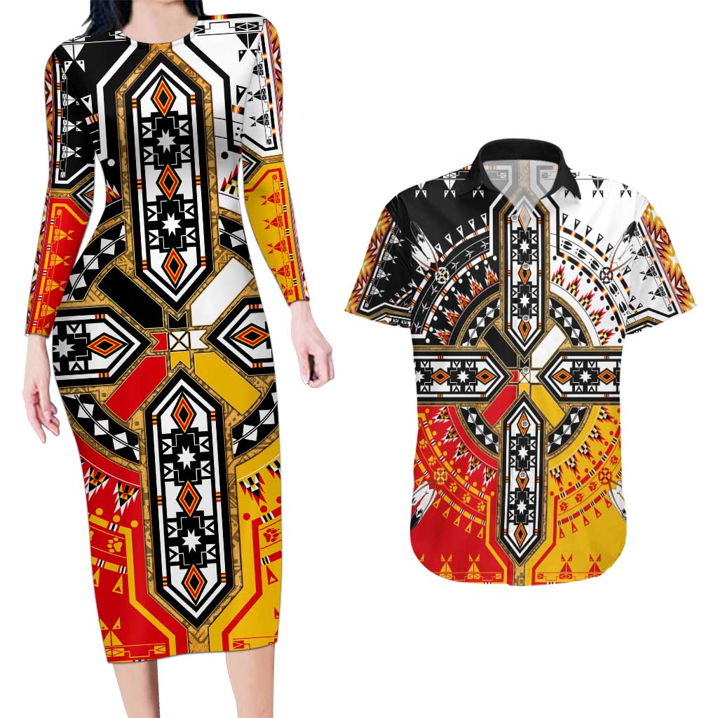Four Directions Native American Couples Matching Long Sleeve Bodycon Dress and Hawaiian Shirt - Wonder Print Shop