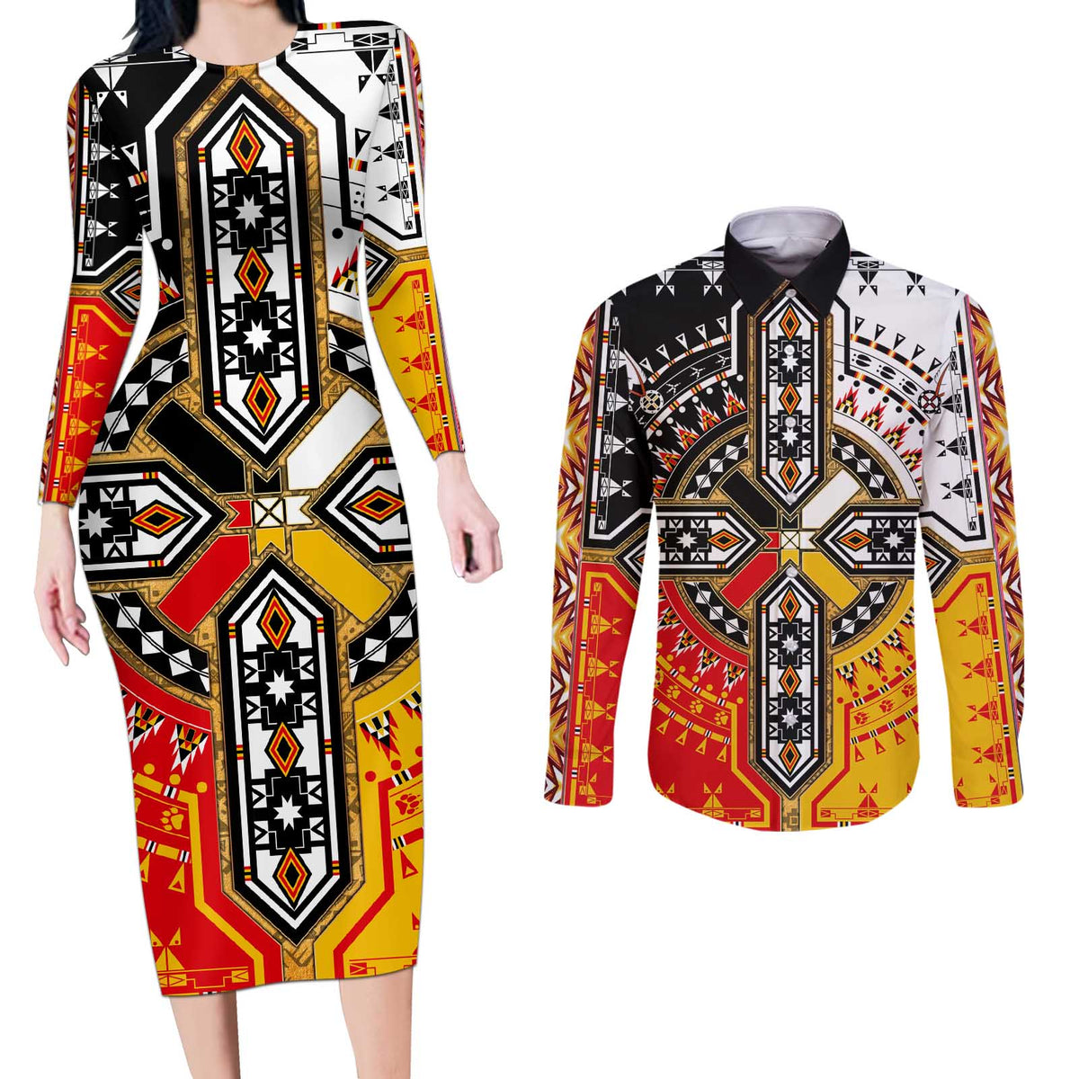 Four Directions Native American Couples Matching Long Sleeve Bodycon Dress and Long Sleeve Button Shirt - Wonder Print Shop