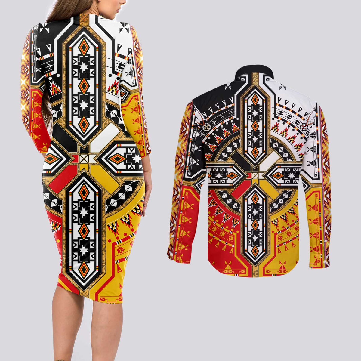 Four Directions Native American Couples Matching Long Sleeve Bodycon Dress and Long Sleeve Button Shirt - Wonder Print Shop