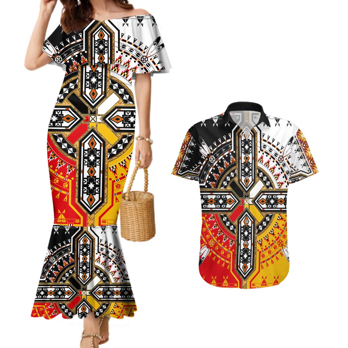 Four Directions Native American Couples Matching Mermaid Dress and Hawaiian Shirt - Wonder Print Shop