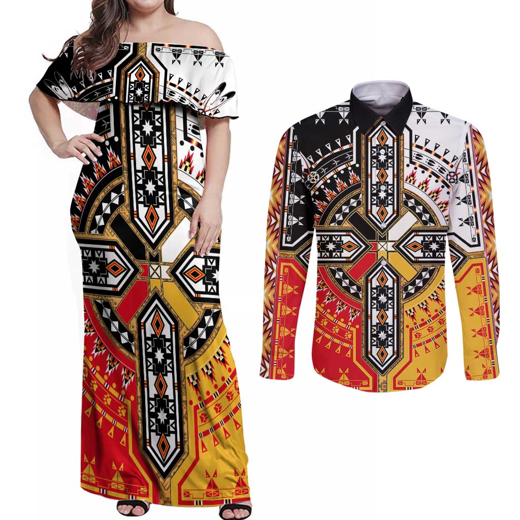 Four Directions Native American Couples Matching Off Shoulder Maxi Dress and Long Sleeve Button Shirt - Wonder Print Shop