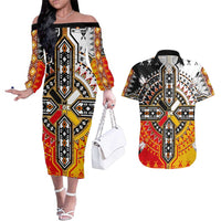 Four Directions Native American Couples Matching Off The Shoulder Long Sleeve Dress and Hawaiian Shirt - Wonder Print Shop