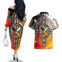 Four Directions Native American Couples Matching Off The Shoulder Long Sleeve Dress and Hawaiian Shirt - Wonder Print Shop