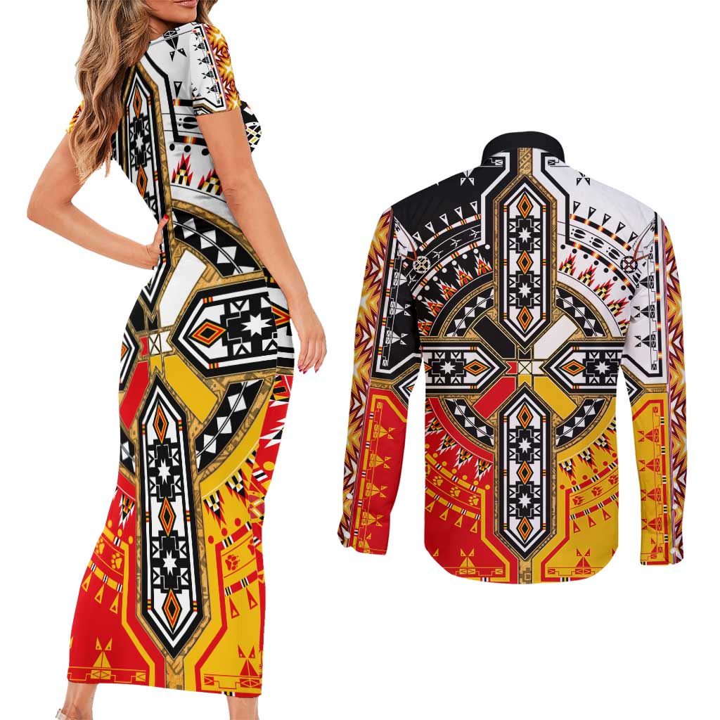 Four Directions Native American Couples Matching Short Sleeve Bodycon Dress and Long Sleeve Button Shirt - Wonder Print Shop