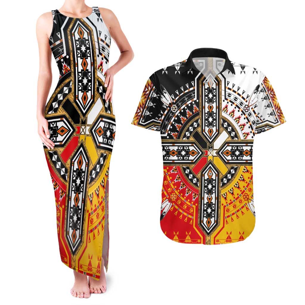 Four Directions Native American Couples Matching Tank Maxi Dress and Hawaiian Shirt - Wonder Print Shop
