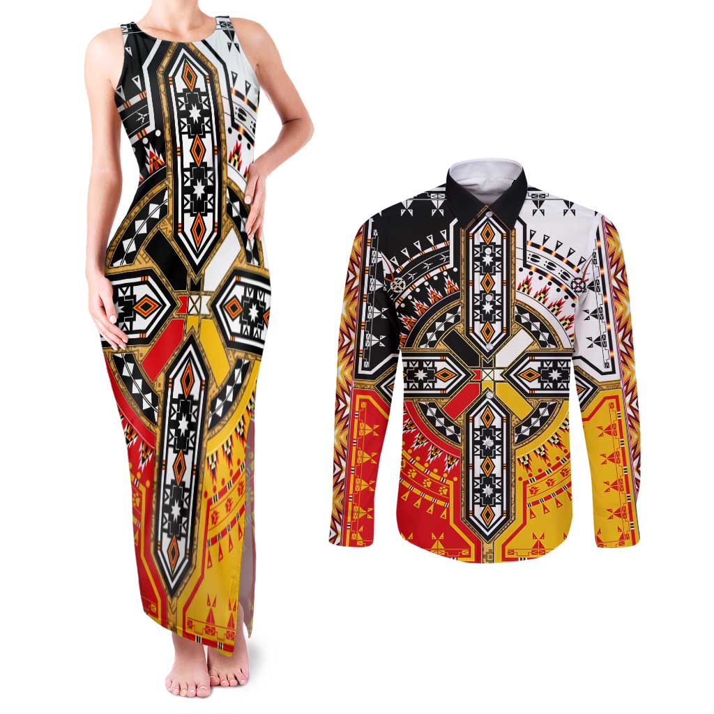 Four Directions Native American Couples Matching Tank Maxi Dress and Long Sleeve Button Shirt - Wonder Print Shop