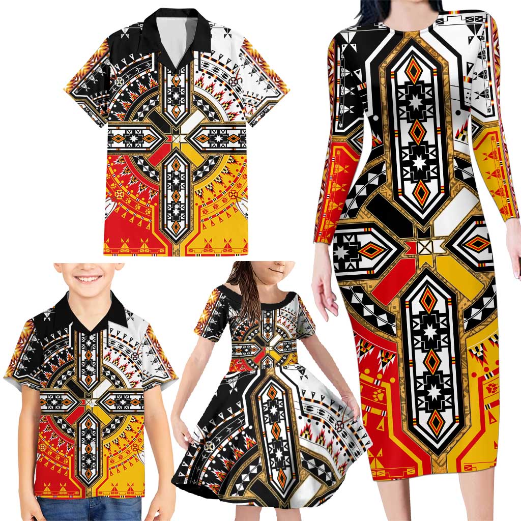 Four Directions Native American Family Matching Long Sleeve Bodycon Dress and Hawaiian Shirt - Wonder Print Shop