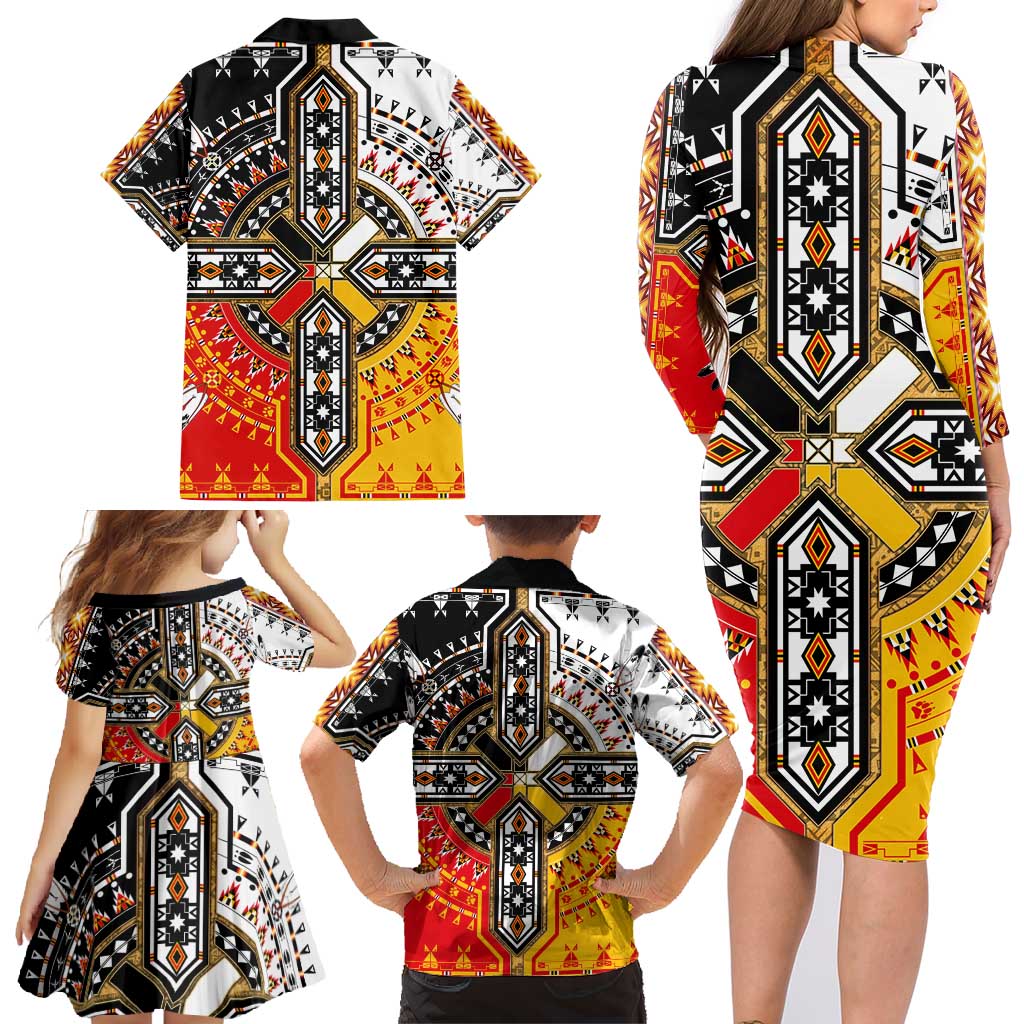 Four Directions Native American Family Matching Long Sleeve Bodycon Dress and Hawaiian Shirt - Wonder Print Shop