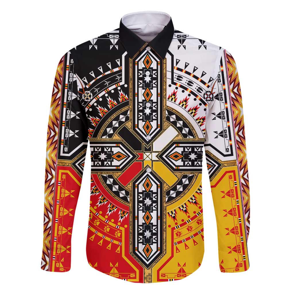 Four Directions Native American Family Matching Long Sleeve Bodycon Dress and Hawaiian Shirt - Wonder Print Shop