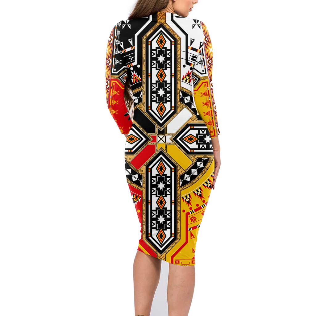 Four Directions Native American Family Matching Long Sleeve Bodycon Dress and Hawaiian Shirt - Wonder Print Shop