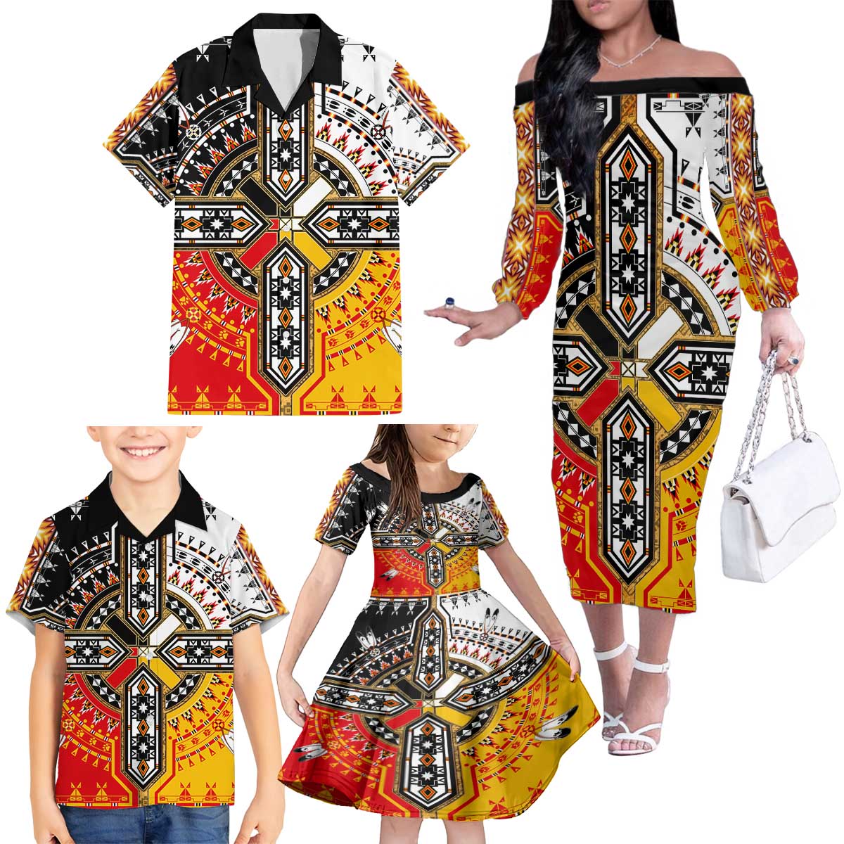 Four Directions Native American Family Matching Off The Shoulder Long Sleeve Dress and Hawaiian Shirt - Wonder Print Shop