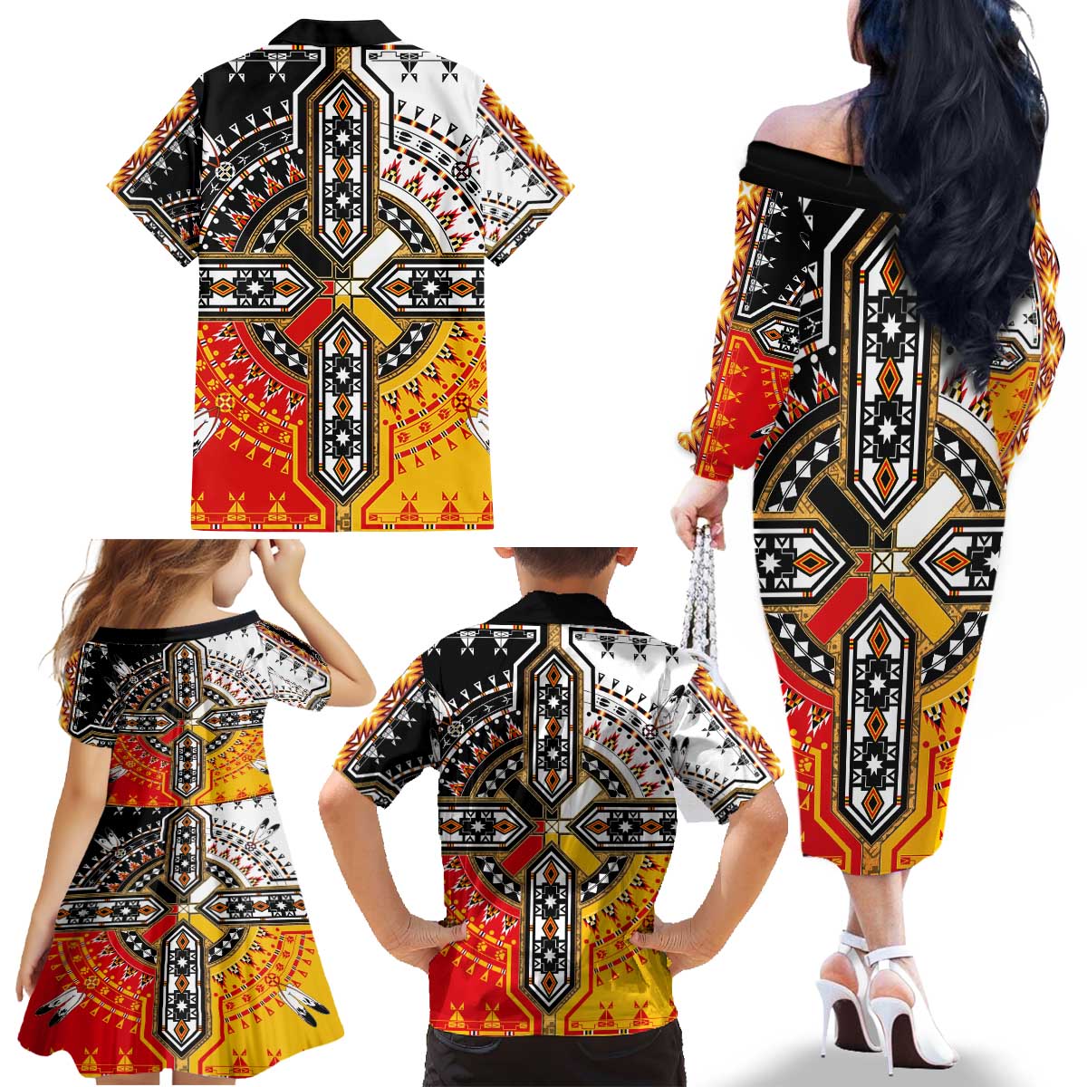 Four Directions Native American Family Matching Off The Shoulder Long Sleeve Dress and Hawaiian Shirt - Wonder Print Shop