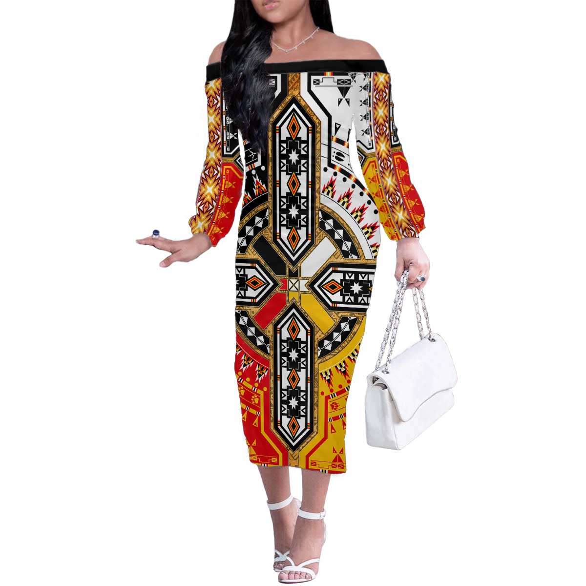 Four Directions Native American Family Matching Off The Shoulder Long Sleeve Dress and Hawaiian Shirt - Wonder Print Shop