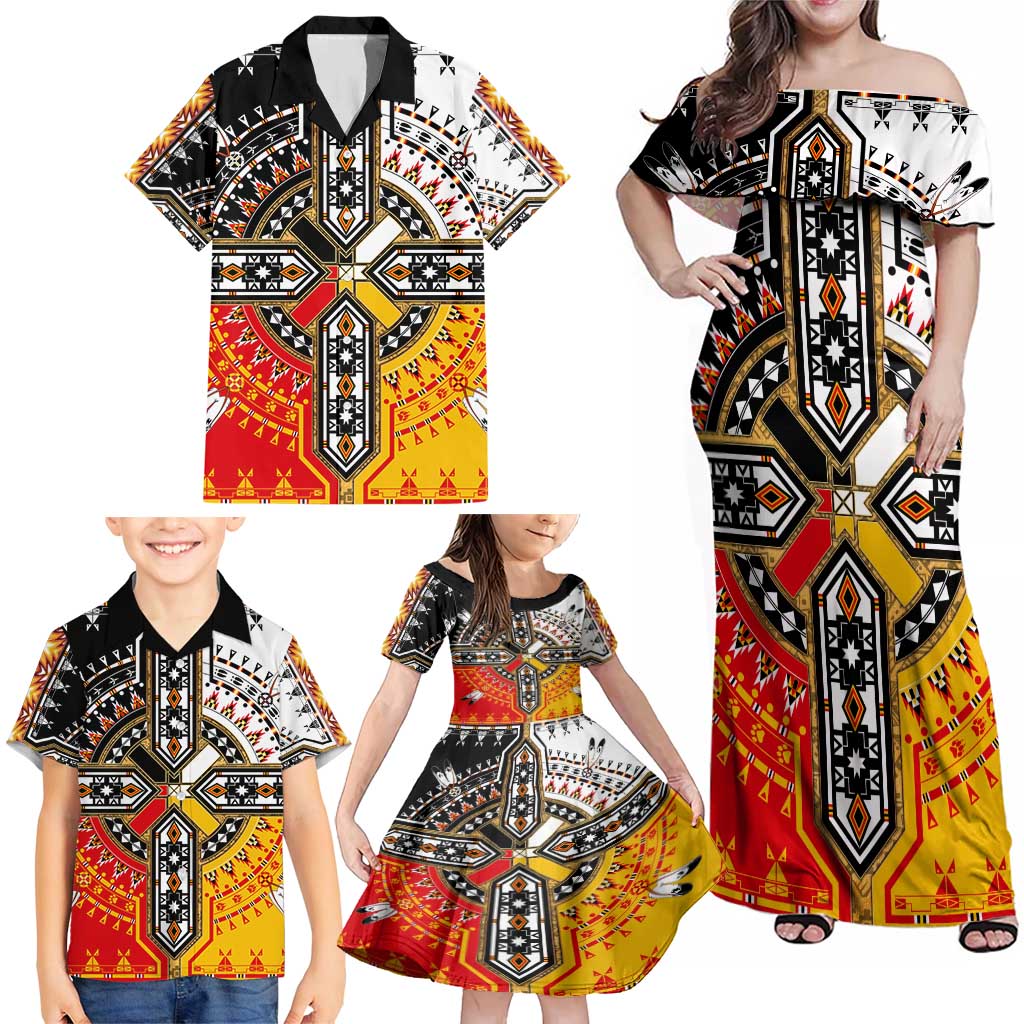 Four Directions Native American Family Matching Off Shoulder Maxi Dress and Hawaiian Shirt - Wonder Print Shop