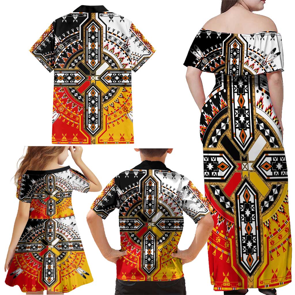 Four Directions Native American Family Matching Off Shoulder Maxi Dress and Hawaiian Shirt - Wonder Print Shop