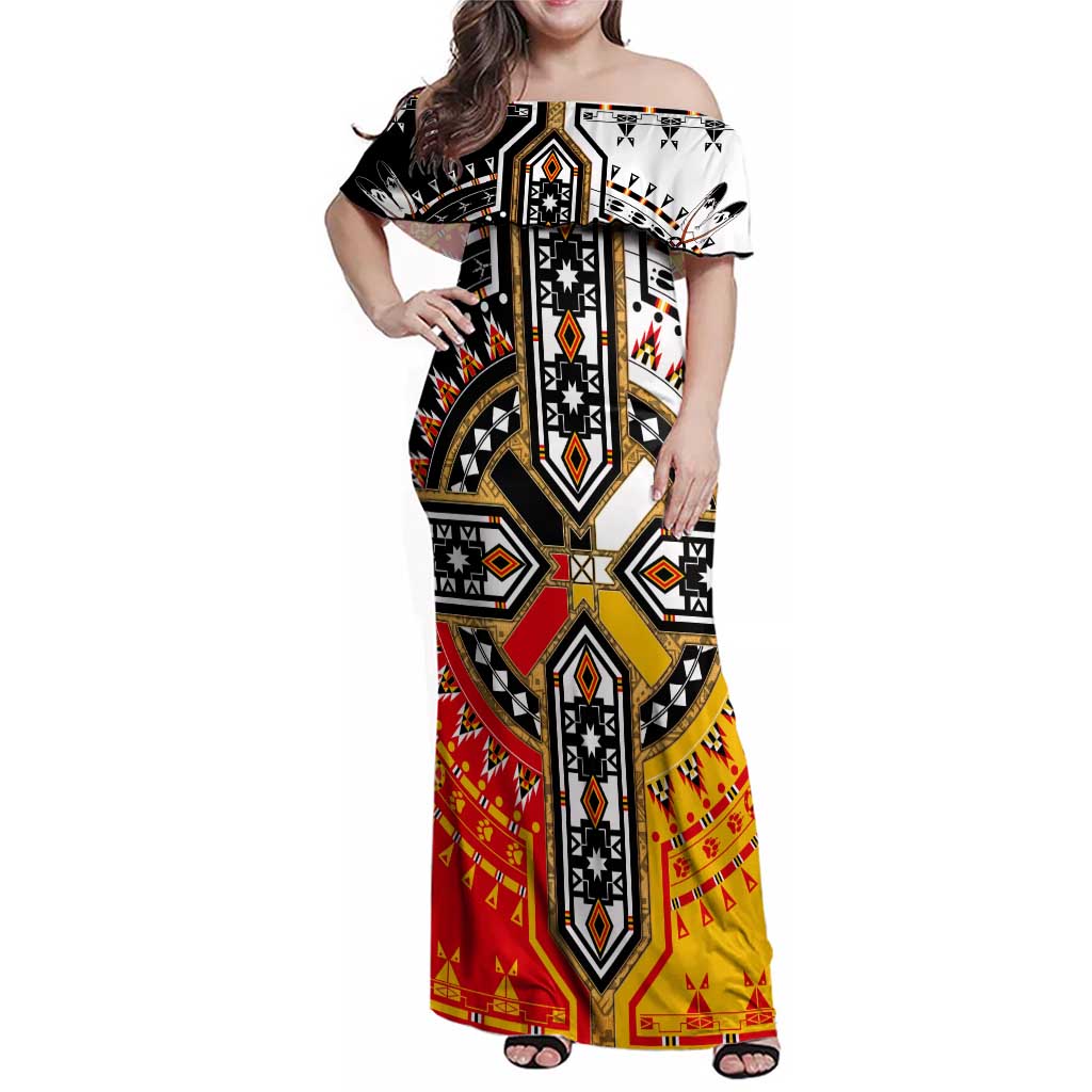 Four Directions Native American Family Matching Off Shoulder Maxi Dress and Hawaiian Shirt - Wonder Print Shop