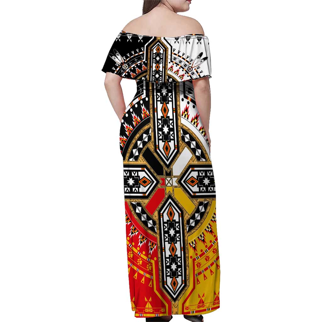 Four Directions Native American Family Matching Off Shoulder Maxi Dress and Hawaiian Shirt - Wonder Print Shop