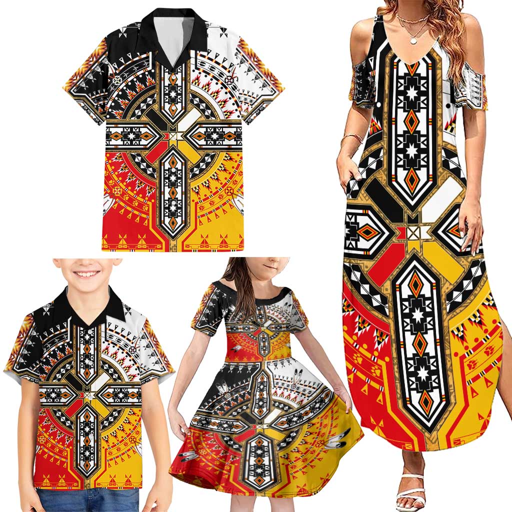 Four Directions Native American Family Matching Summer Maxi Dress and Hawaiian Shirt - Wonder Print Shop