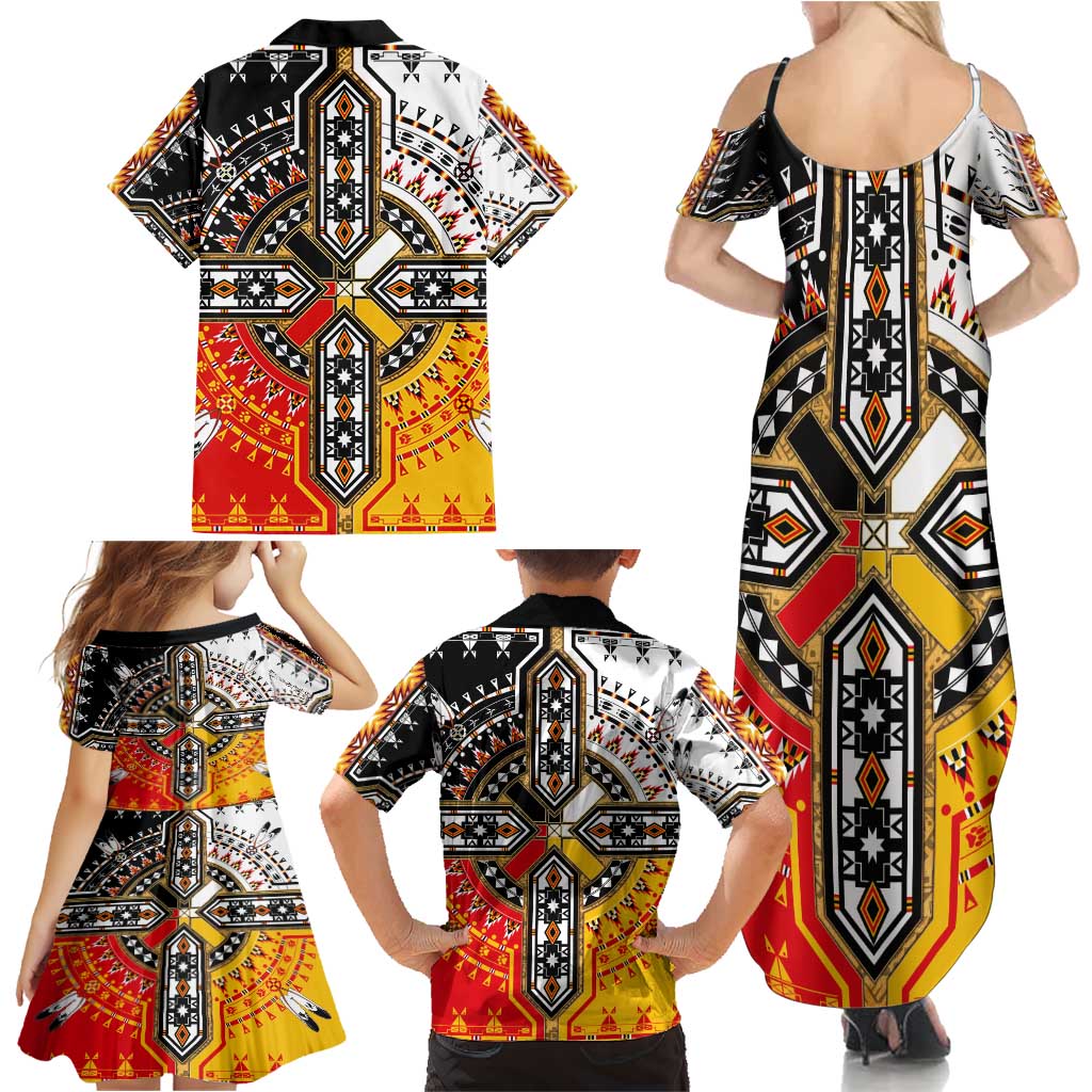 Four Directions Native American Family Matching Summer Maxi Dress and Hawaiian Shirt - Wonder Print Shop