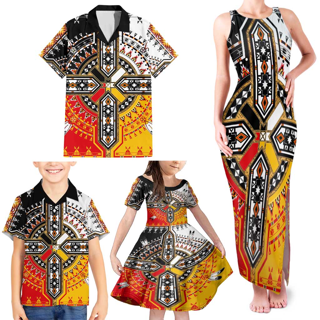 Four Directions Native American Family Matching Tank Maxi Dress and Hawaiian Shirt - Wonder Print Shop