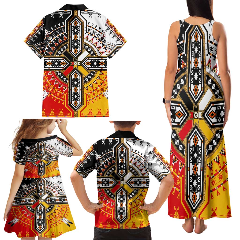 Four Directions Native American Family Matching Tank Maxi Dress and Hawaiian Shirt - Wonder Print Shop
