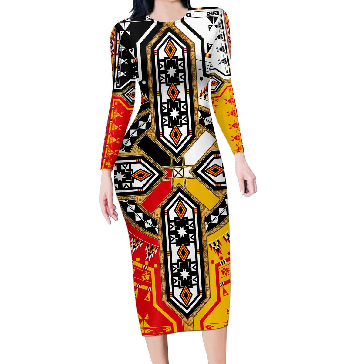 Four Directions Native American Long Sleeve Bodycon Dress - Wonder Print Shop