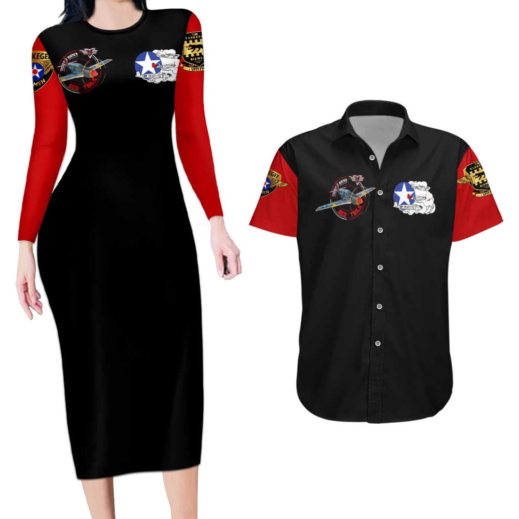 Red Tails Tuskegee Airmen Couples Matching Long Sleeve Bodycon Dress and Hawaiian Shirt Soaring to Shape History - Fighter Plane Patriotic Tribute - Wonder Print Shop