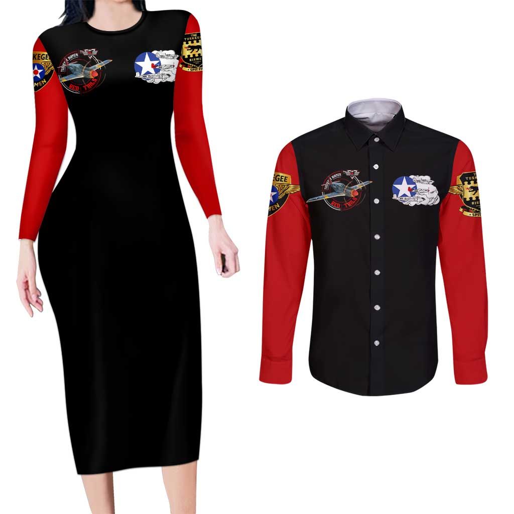 Red Tails Tuskegee Airmen Couples Matching Long Sleeve Bodycon Dress and Long Sleeve Button Shirt Soaring to Shape History - Fighter Plane Patriotic Tribute - Wonder Print Shop