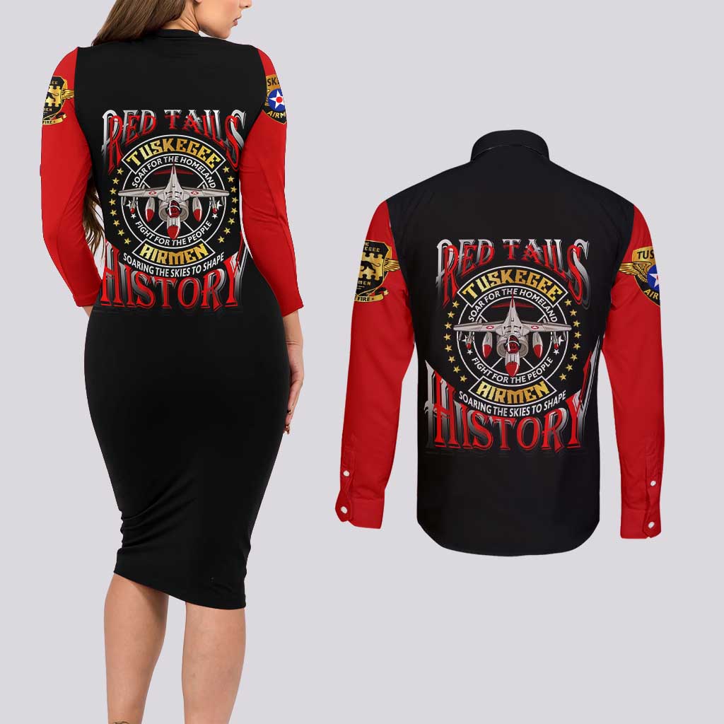 Red Tails Tuskegee Airmen Couples Matching Long Sleeve Bodycon Dress and Long Sleeve Button Shirt Soaring to Shape History - Fighter Plane Patriotic Tribute - Wonder Print Shop
