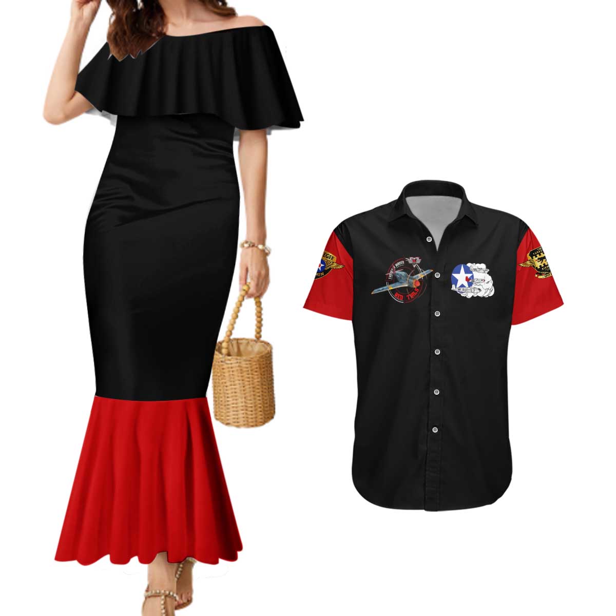 Red Tails Tuskegee Airmen Couples Matching Mermaid Dress and Hawaiian Shirt Soaring to Shape History - Fighter Plane Patriotic Tribute - Wonder Print Shop