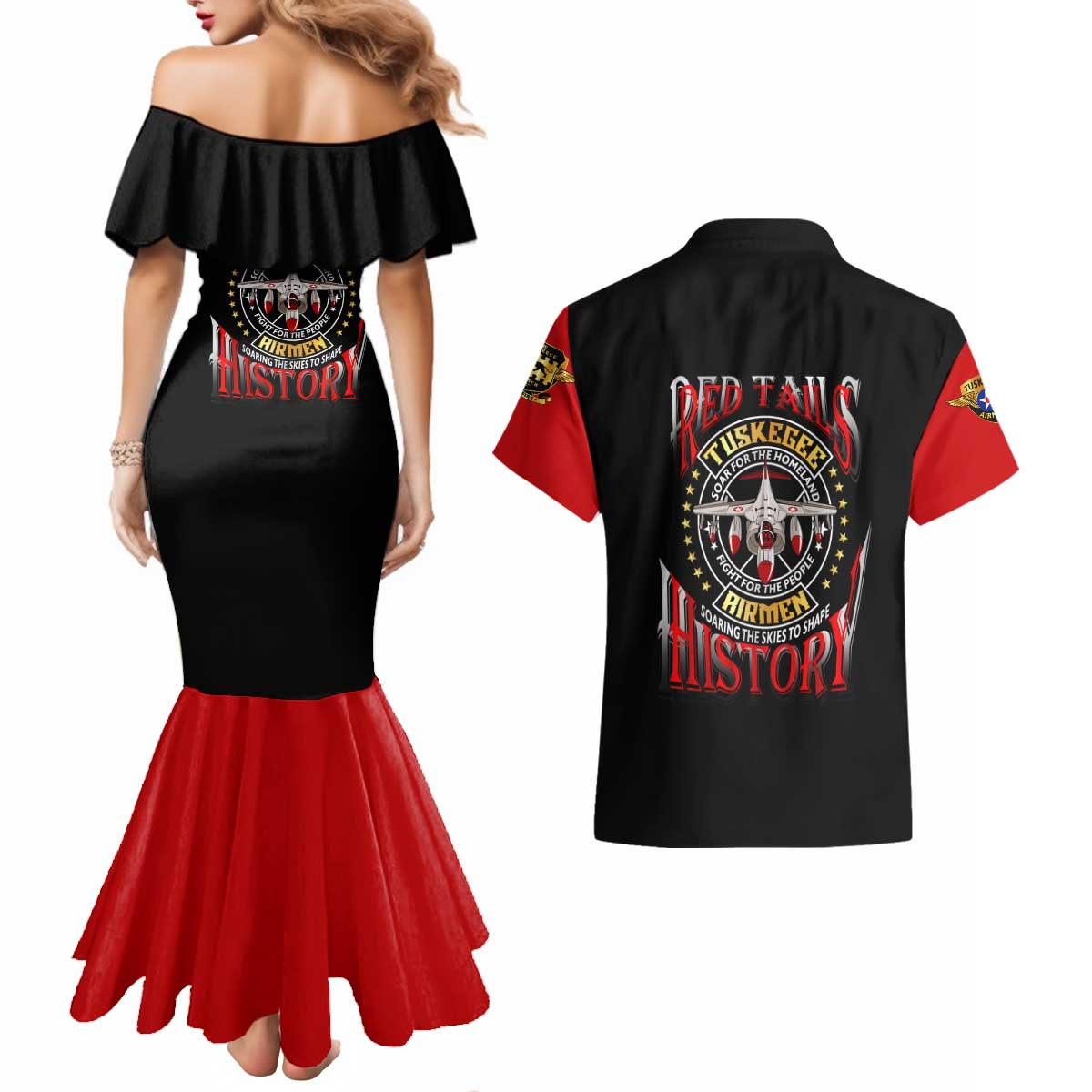 Red Tails Tuskegee Airmen Couples Matching Mermaid Dress and Hawaiian Shirt Soaring to Shape History - Fighter Plane Patriotic Tribute - Wonder Print Shop