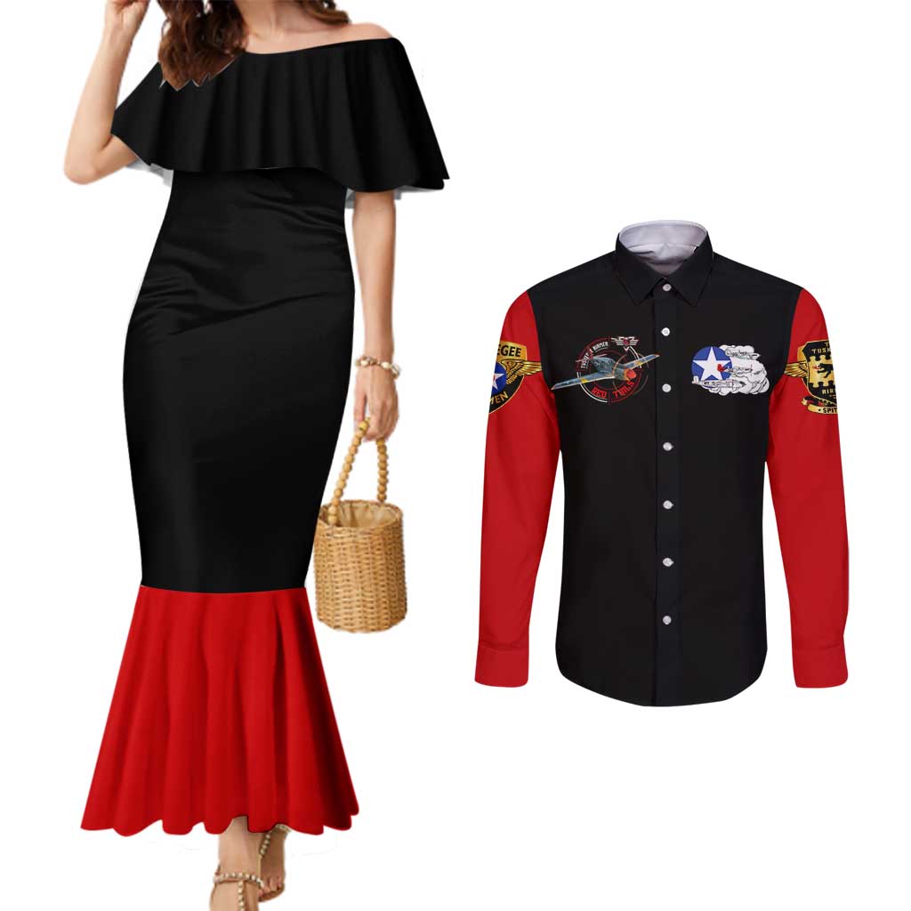 Red Tails Tuskegee Airmen Couples Matching Mermaid Dress and Long Sleeve Button Shirt Soaring to Shape History - Fighter Plane Patriotic Tribute - Wonder Print Shop