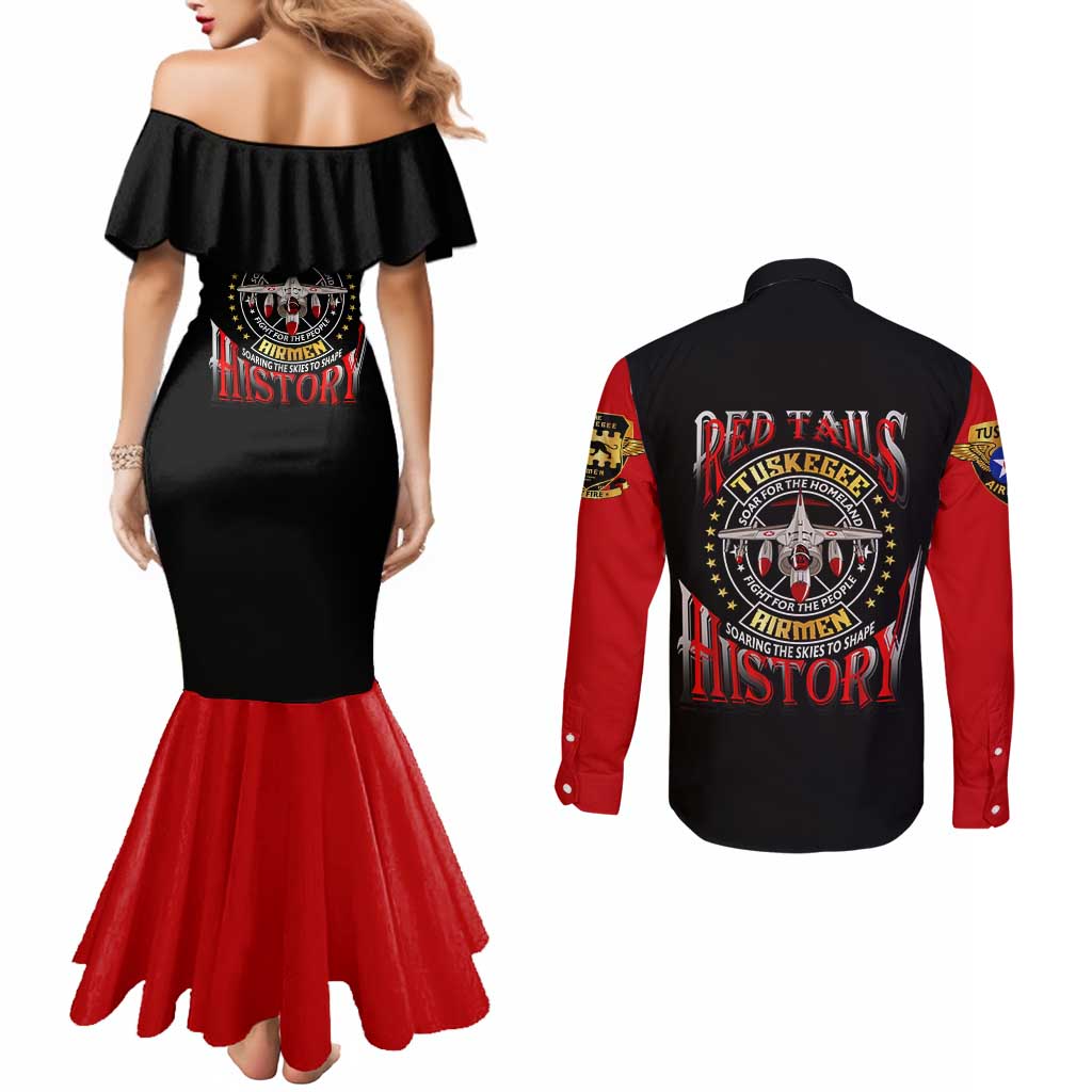Red Tails Tuskegee Airmen Couples Matching Mermaid Dress and Long Sleeve Button Shirt Soaring to Shape History - Fighter Plane Patriotic Tribute - Wonder Print Shop