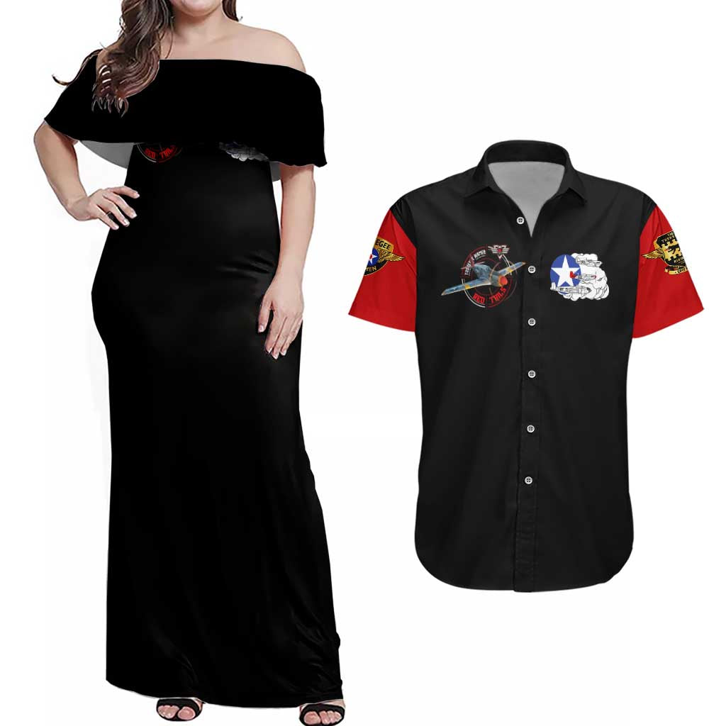 Red Tails Tuskegee Airmen Couples Matching Off Shoulder Maxi Dress and Hawaiian Shirt Soaring to Shape History - Fighter Plane Patriotic Tribute - Wonder Print Shop