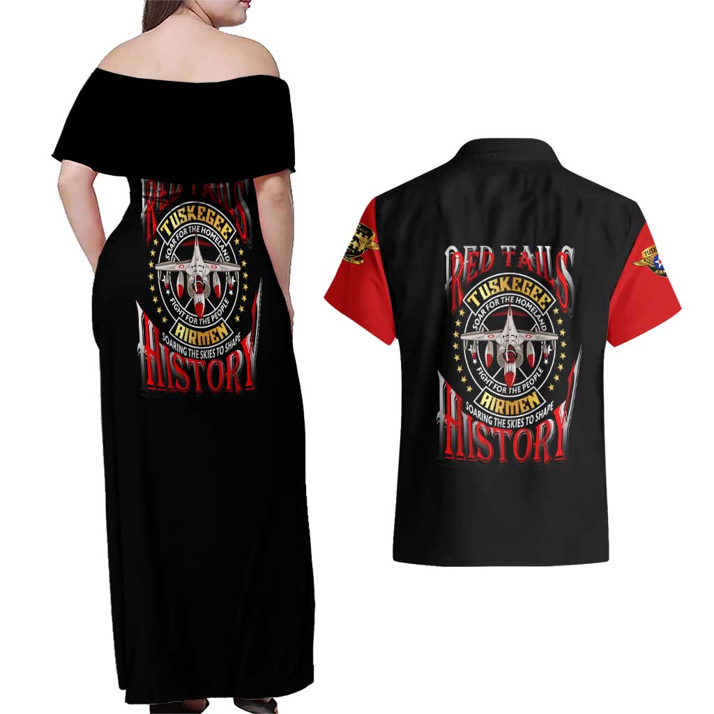 Red Tails Tuskegee Airmen Couples Matching Off Shoulder Maxi Dress and Hawaiian Shirt Soaring to Shape History - Fighter Plane Patriotic Tribute - Wonder Print Shop